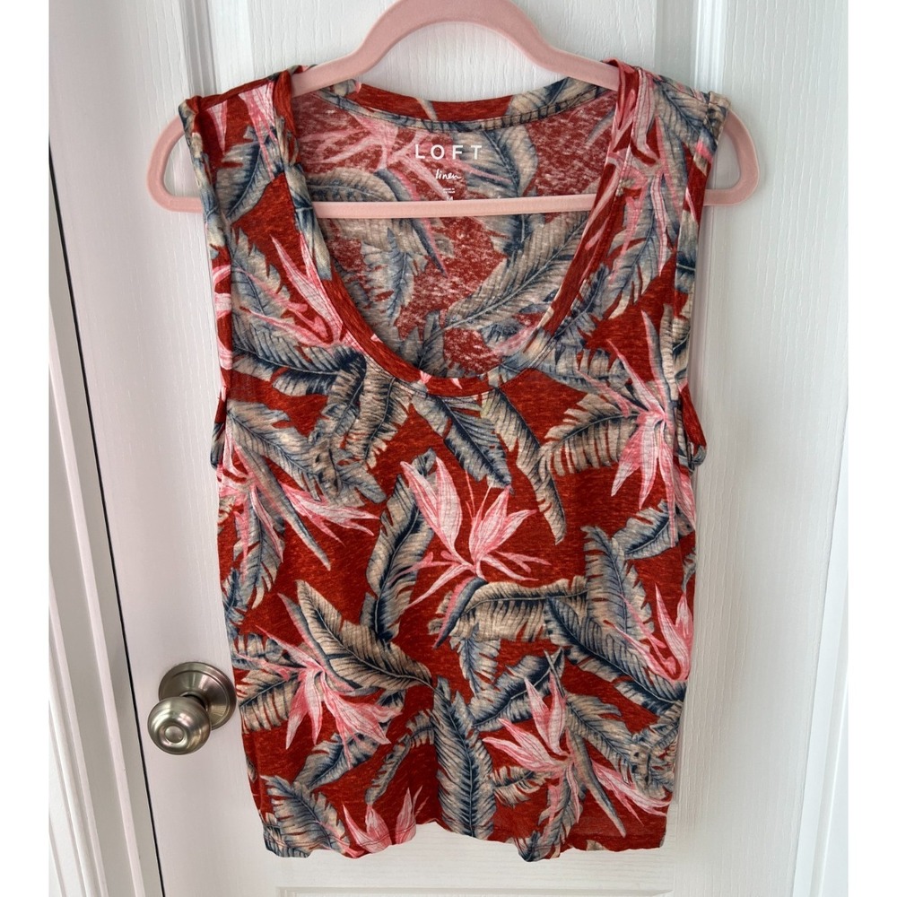 LOFT Linen Womens Top Red Multi Tropical Floral Bird of Paradise Sleeveless Sz M